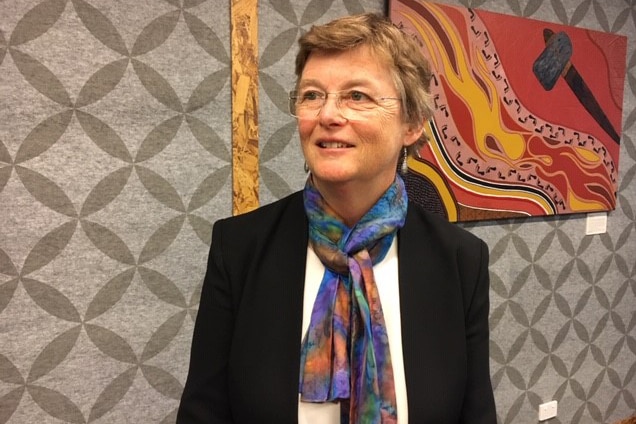 A mid shot of Medical Board of Australia chair Anne Tonkin posing for a photo standing in front of a painting on a wall.