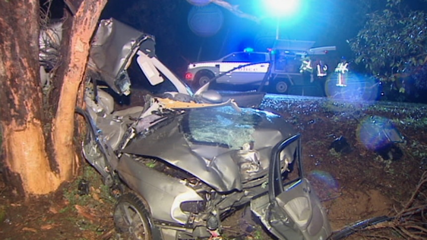 The mangled remains of a car rammed into a tree at night, with police in the background.