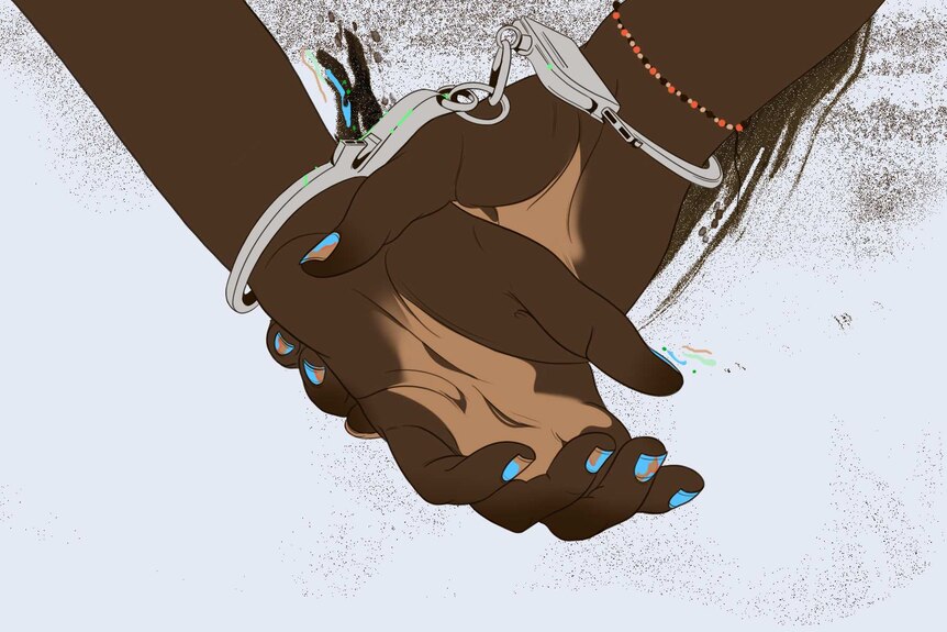 An illustration shows a woman's cuffed hands.