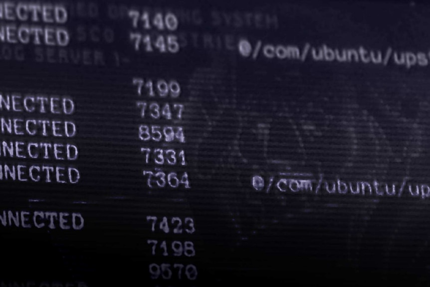 A screen displays computer code.