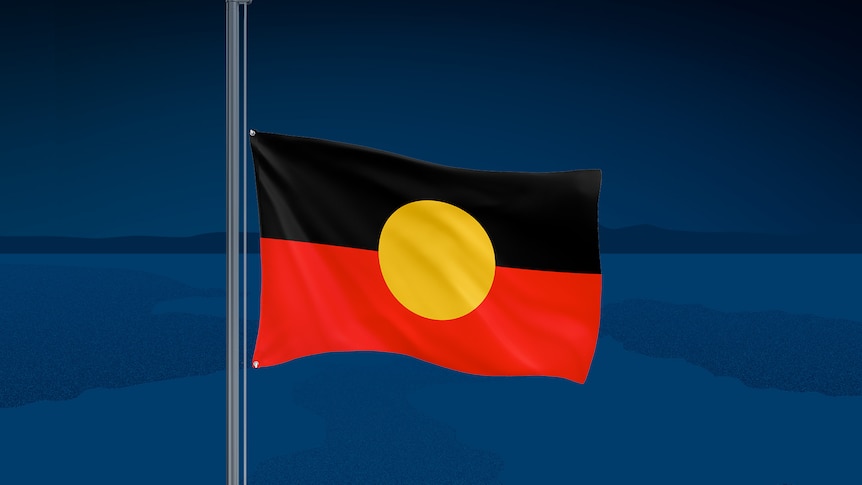 An illustration of an Indigenous flag at half mast on a gloomy evening