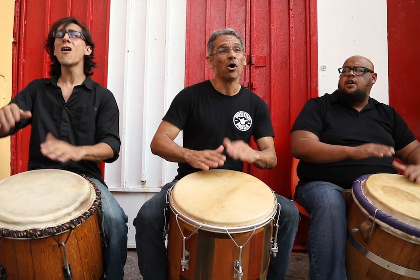 A Bomba band performs in the street of San Juan, Puerto Rico