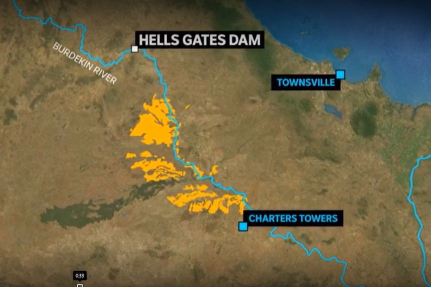 a map showing the Hells Gates Dam would be built west of Townsville and north of Charters Towers.