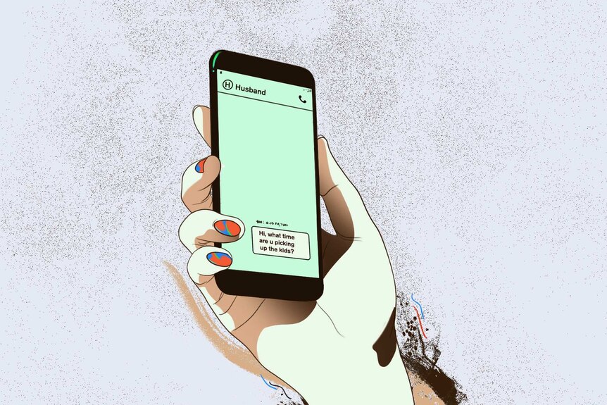 An illustration shows a woman's hand holding up a mobile phone.