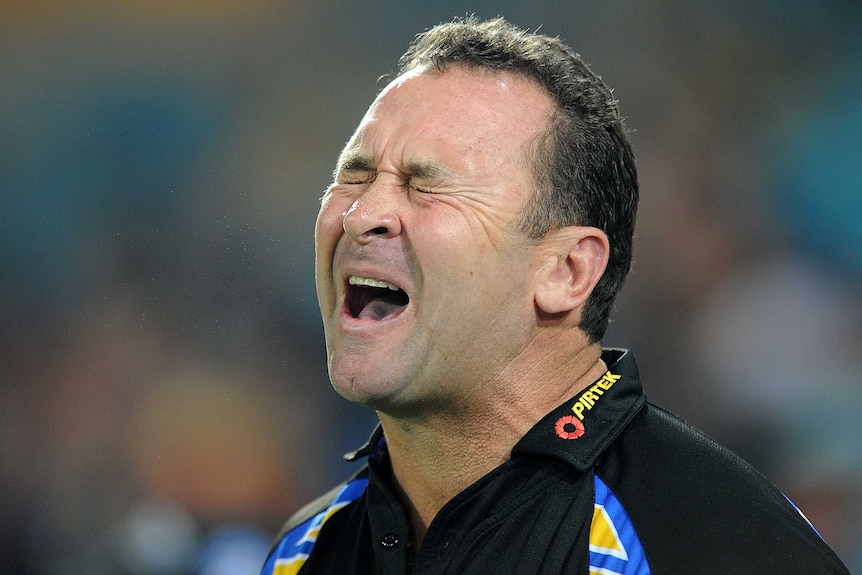 Ricky Stuart reacts while coaching Parramatta