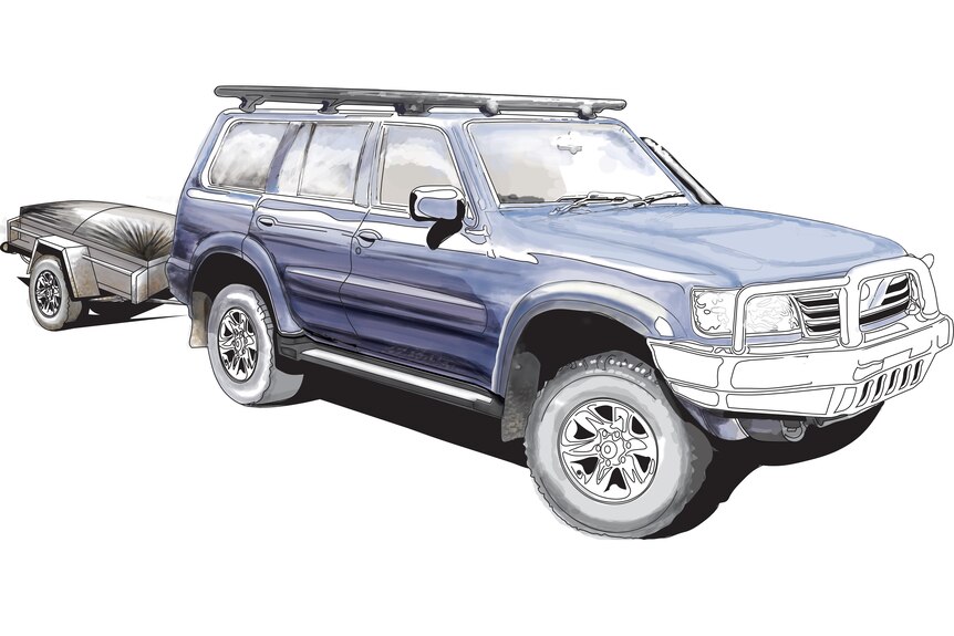 An illustration of a four wheel drive car and trailer
