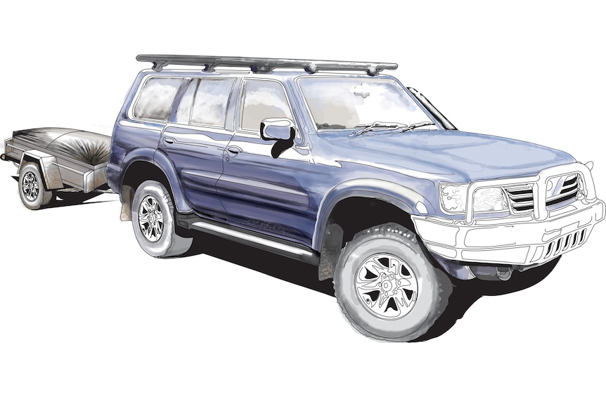 An illustration of a four wheel drive car and trailer