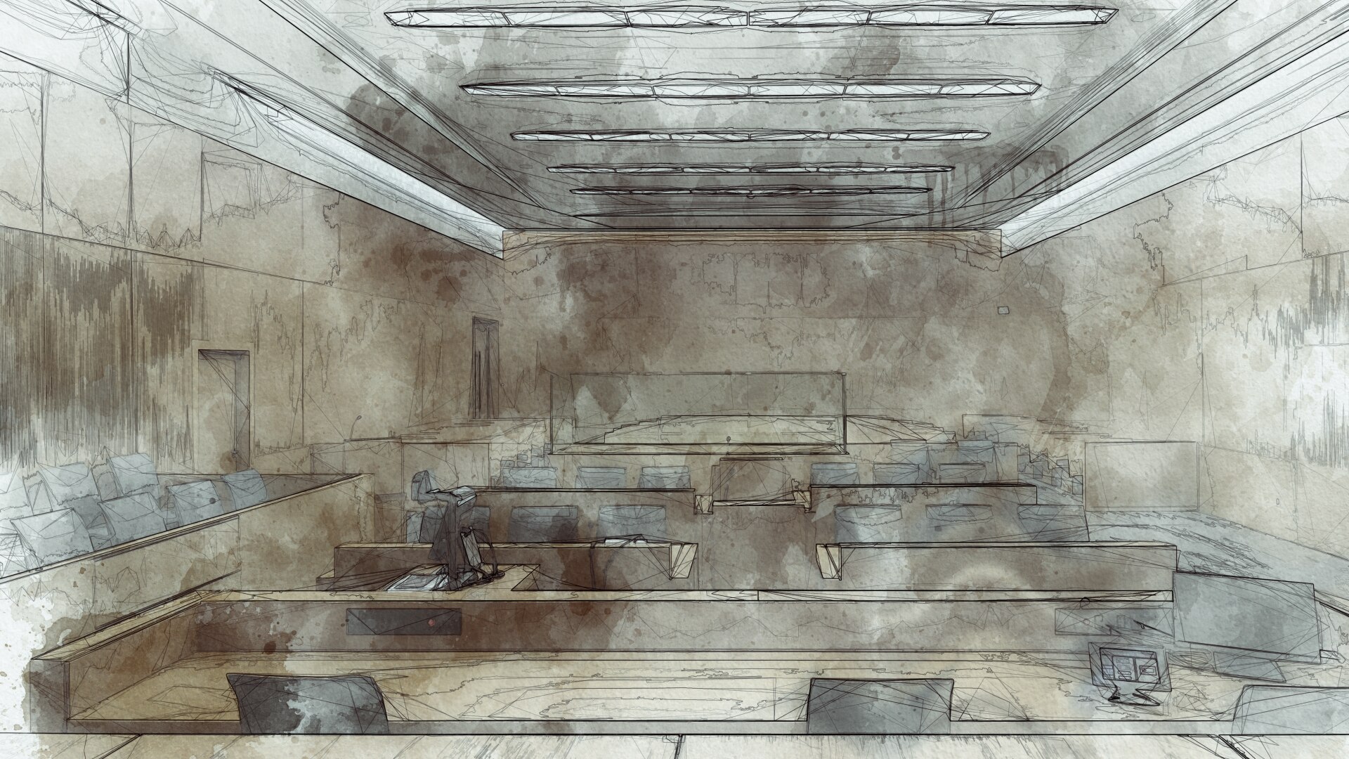Generic watercolour image of a courtroom.