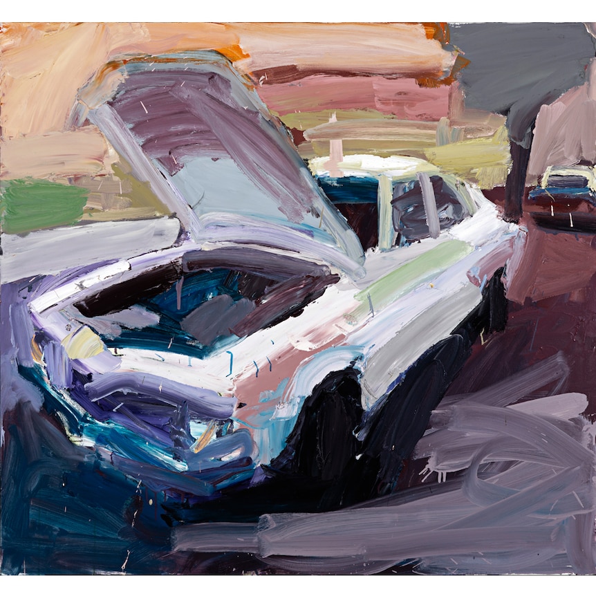 Oil painting of a Torana car, in a colourful palette dominated by pastels.