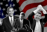 Black and white stills of Barack Obama, John F. Kennedy and Ronald Reagan sit in front of a US flag.