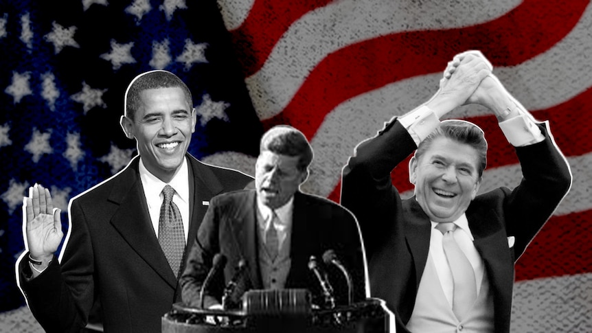 Black and white stills of Barack Obama, John F. Kennedy and Ronald Reagan sit in front of a US flag.