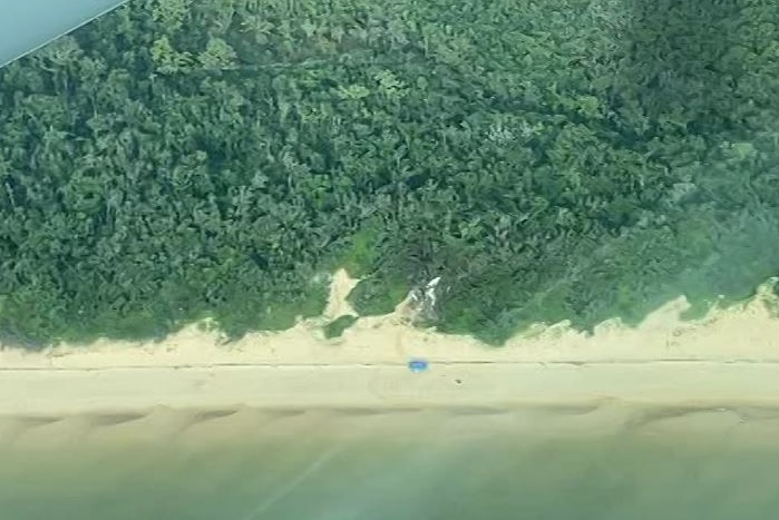 A white wreckage at the start of a forest by the beach, as seen from the window of a plane flying overhead