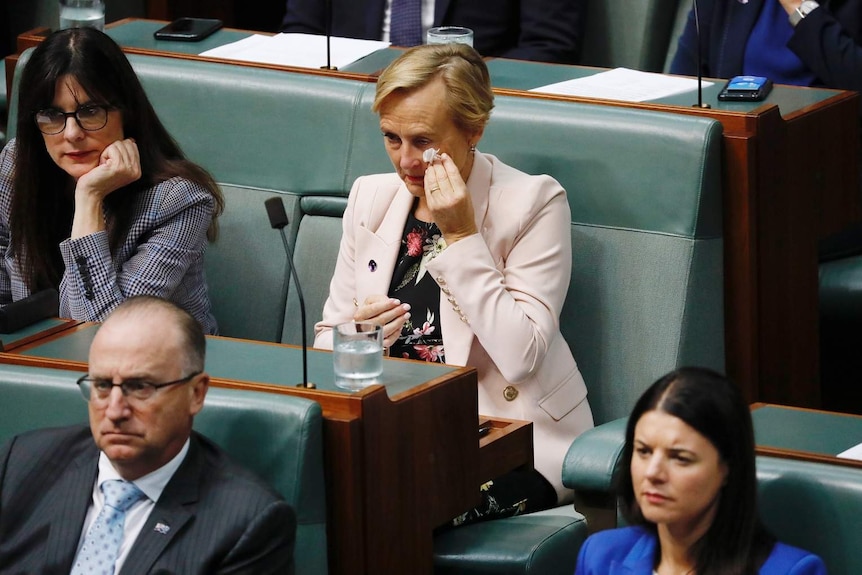 A woman in Parliament wipes a tear from her eye