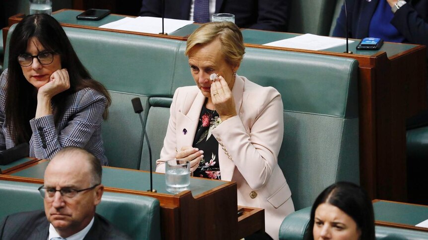 A woman in Parliament wipes a tear from her eye