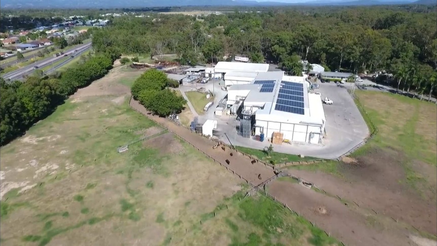 Aerial of Meramist Abattoir surrounded by open paddock