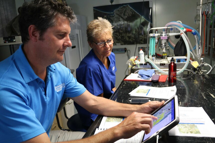 Scott Castle and Cheyne Flanagan from the Port Macquarie Koala Hospital learn how to use the new koala app, looking at the app