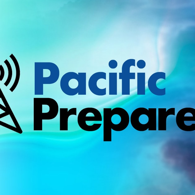 The Pacific Prepared logo against a stormy sky background. The logo features a radio tower symbol.