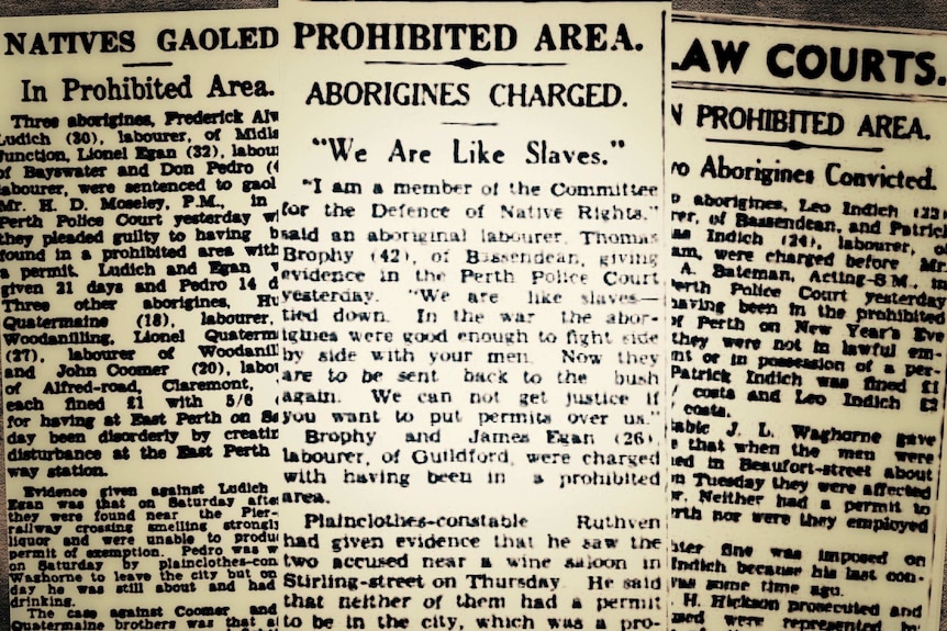 Three historical newspaper clippings referencing areas of Perth from which Aborigines were banned.