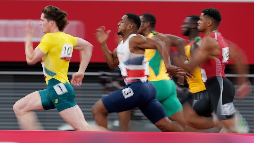 Men competing in the 100m sprint at the Olympics 