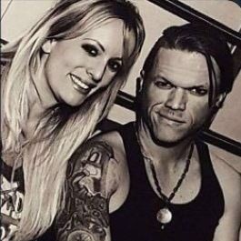 A black and white photo of Stormy Daniels and Glendon Crain