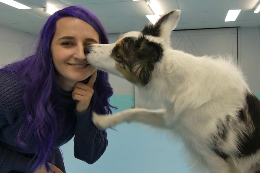 Drama the dog licks Maddie Johnson's face.