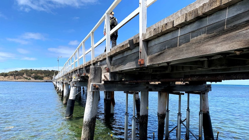 A man walks along a wooden causeway towards an island.