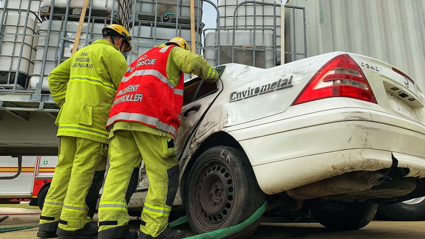 Queensland emergency services respond to crashed electric vehicle in drill