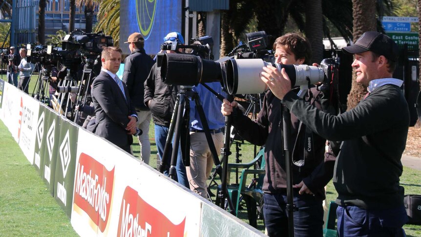 Photographers at Usain Bolt's first training session with Central Coast Mariners in Gosford