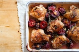 Chicken tray bake with plums, lemon and thyme cooked