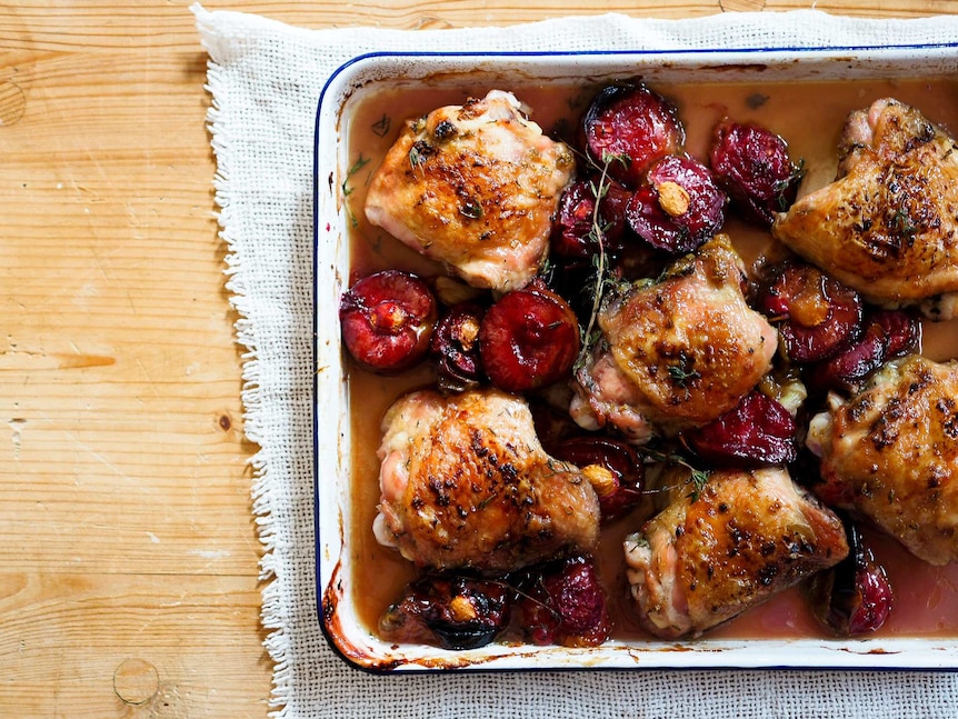 Chicken tray bake with plums, lemon and thyme cooked