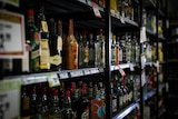 Spirit bottles in an alcohol shop.