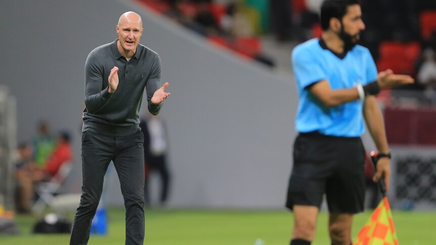 NZ's football national team coach gestures with his hands as he calls to an official during a World Cup playoff.