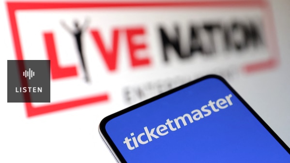 A mock up of the live nation and ticketmaster logos on a phone. Has Audio.