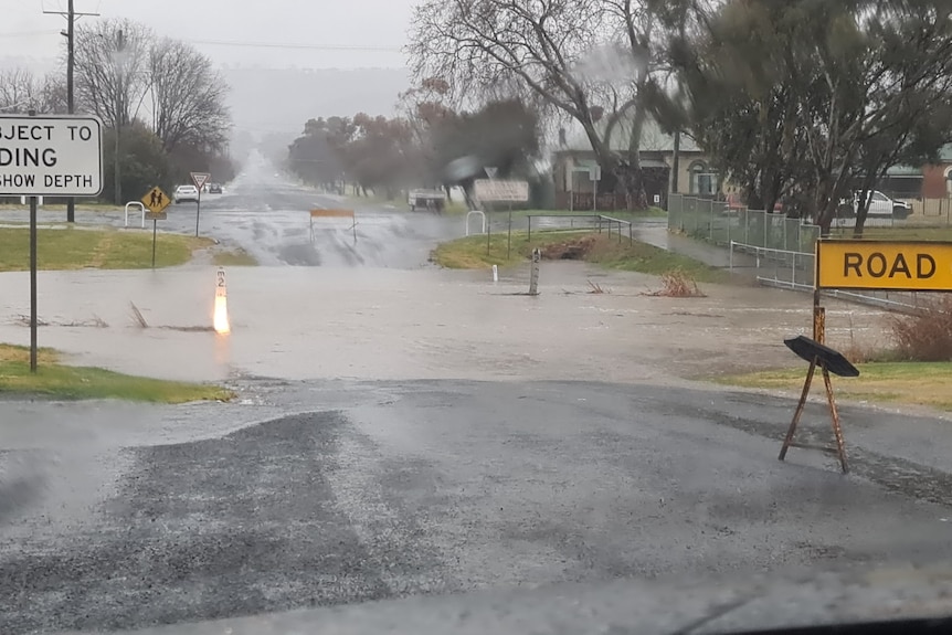 Warning signs sit near a flooded road.