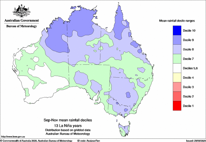 Map of Australia. Blue over top end = decile 9 rainfall on average, decile 7 and above for rest apart from SW corner WA