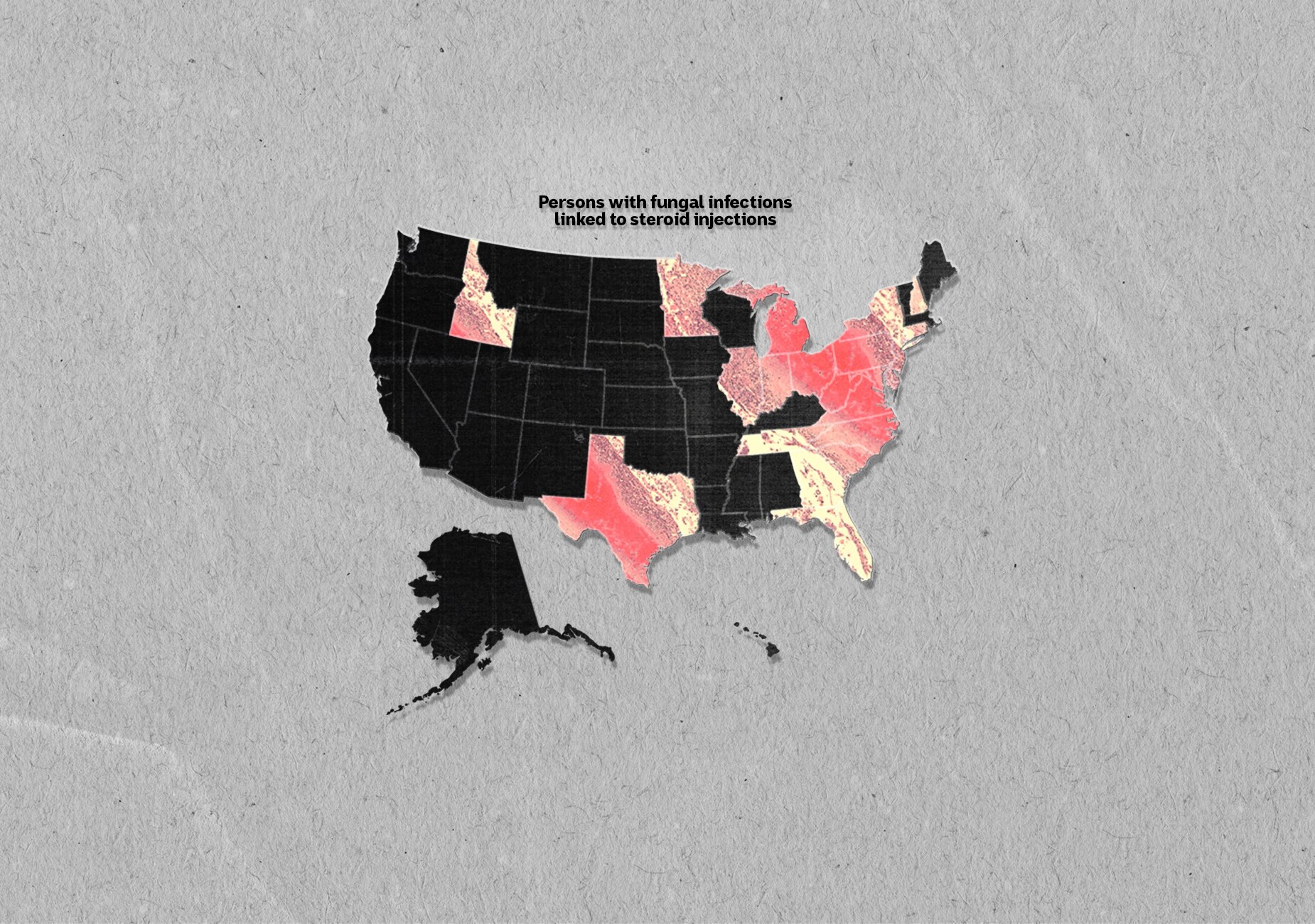 Pink bacteria image overlaid on various US states on black vector US map on grey paper background.