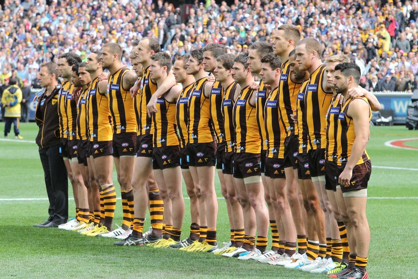 The Hawthorn Hawks line up during the national anthem ahead of the AFL grand final in 2013.