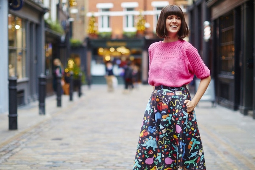 Dawn O'Porter wears a pink crochet top and colourful print skirt.