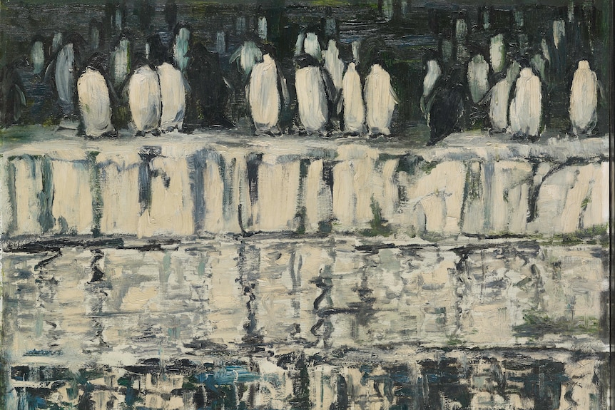 Black, white and slightly blue painting of penguins lined up on a large block of ice, in front of ocean.
