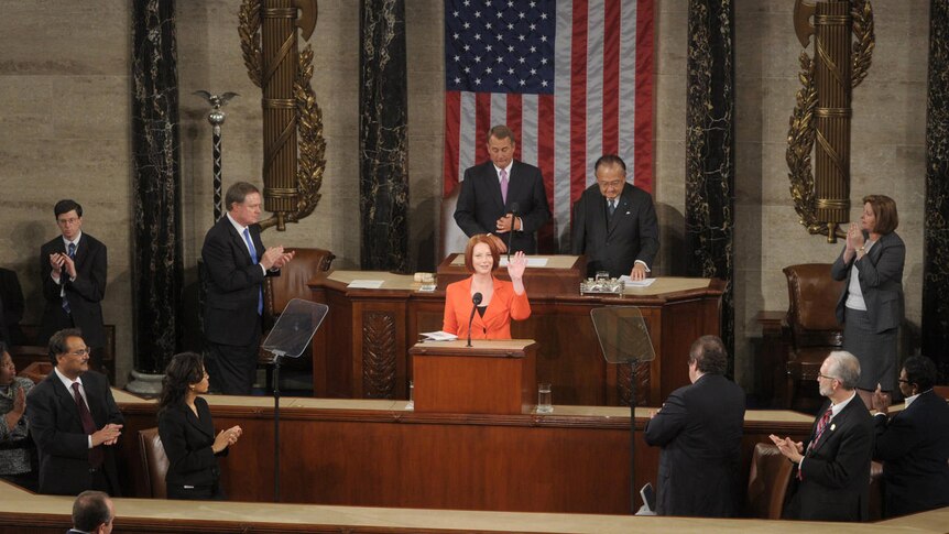 Julia Gillard waves after addressing the US Congress (Saul Loeb, AFP)