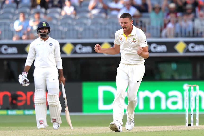 Josh Hazlewood celebrates Ajinkya Rahane's wicket
