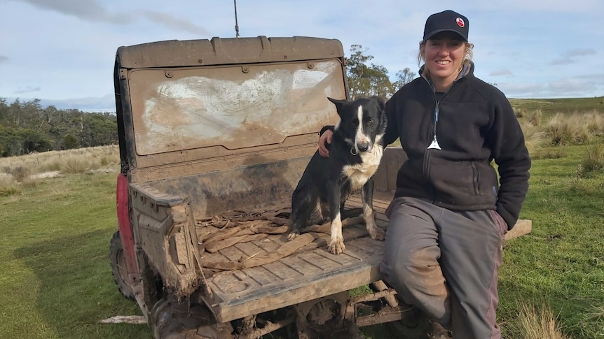 A young woman sits on the back of a four-wheel buggy with her border collie dog