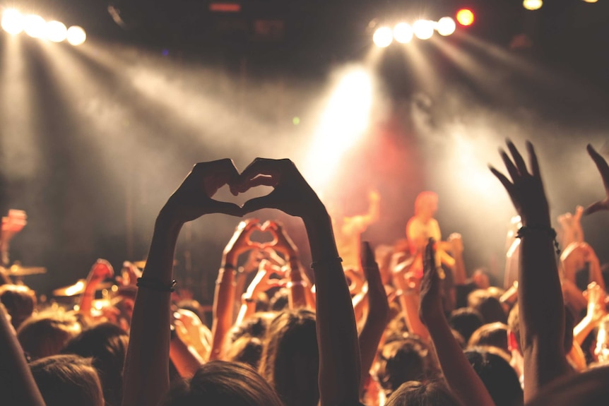 Crowd at music festival at night, with young woman's hands formed in heart shape in foreground.