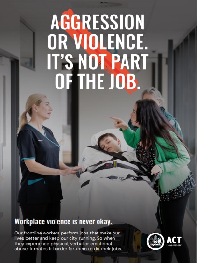 The poster shows a woman yelling at a healthcare worker, a gurney with a child on it between them.