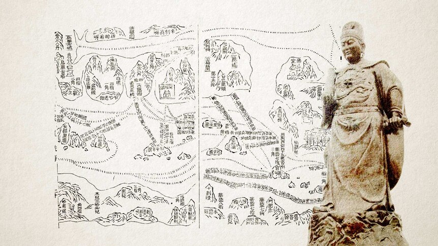 Ancient Chinese map alongside a statue of Zheng He.