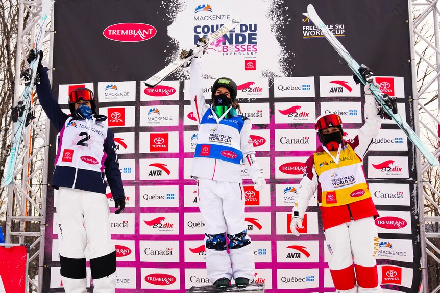 Australian skier Jakara Anthony on the podium at the world cup moguls event at Mont Tremblant, Quebec