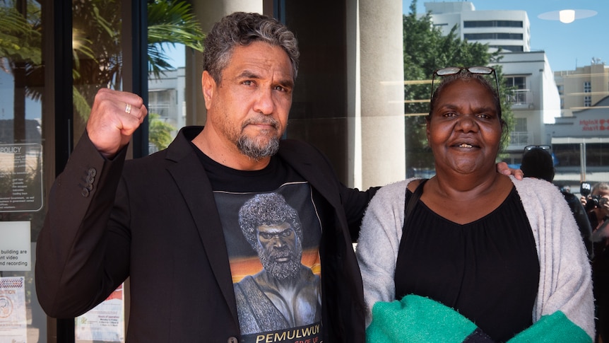 Alec Doomadgee and Weenie George outside Cairns Courthouse after giving evidence at Rheumatic Heart Disease inquest