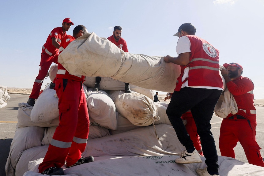 Aid workers in Red Crescent uniform unload aid packages. 