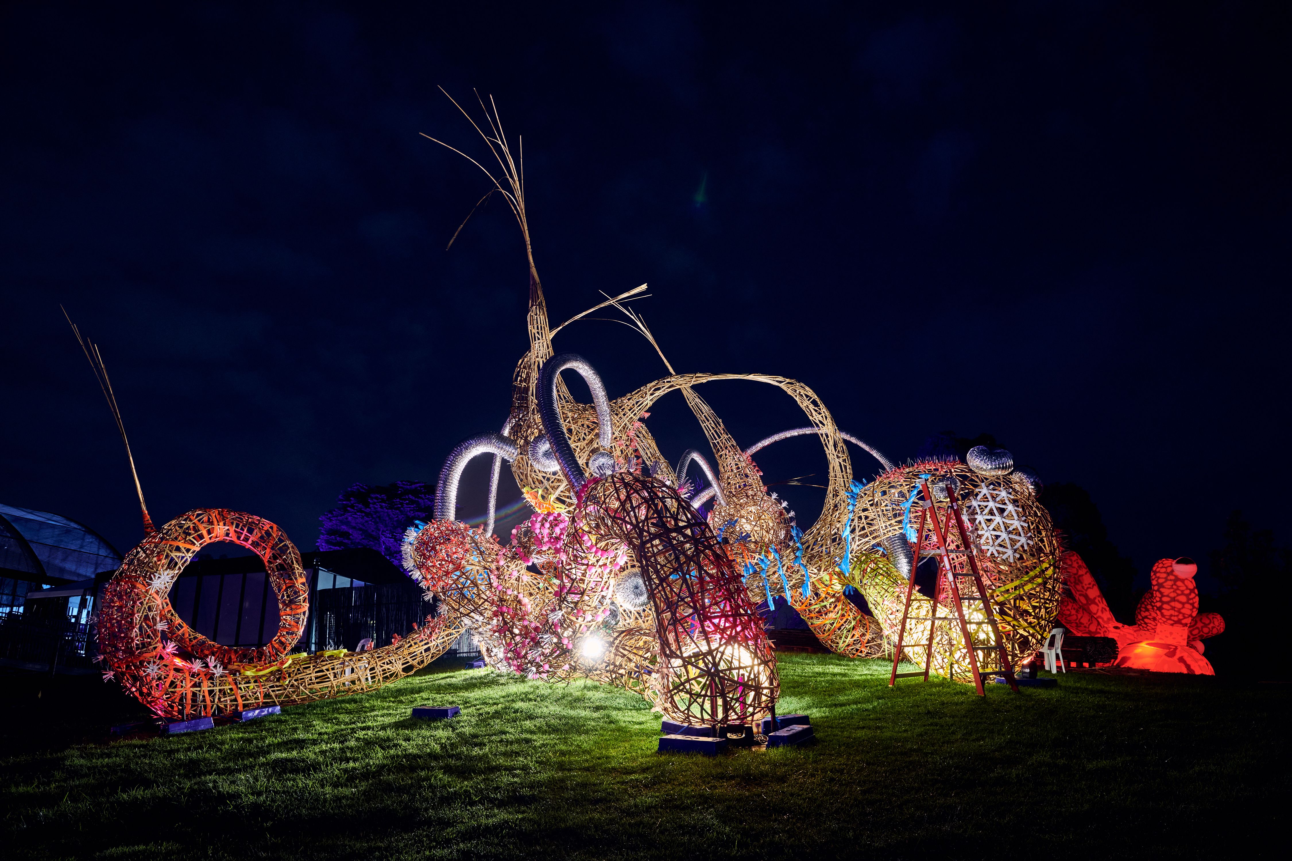 A large octopus-like sculpture made from bamboo is outside a live music venue, lit from below.