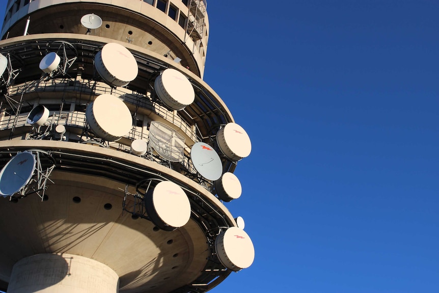 Satellite dishes on the outside of Telstra Tower.